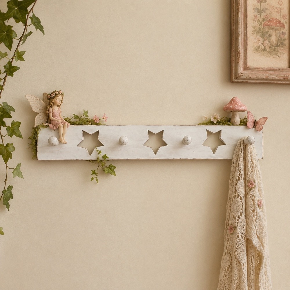 Vtg Wood Wall Entry 4 Pegs Hooks 24"‎ Star celestial witchy Bathroom Coat Door